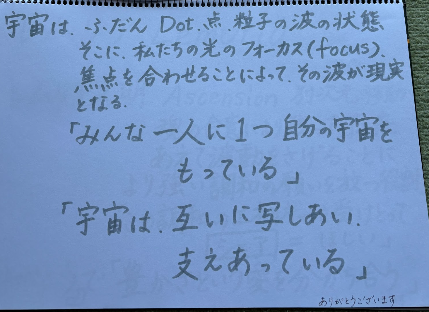 宇宙は Dot・点・粒子の波の状態。私たちの光のフォーカスで現実となる。みんな一人にひとつ、自分の宇宙をもっている。宇宙は互いに映しあい、支えあっている。